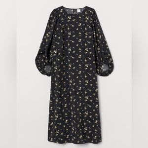 H&M Balloon-Sleeved Dress in Black with Yellow Flowers